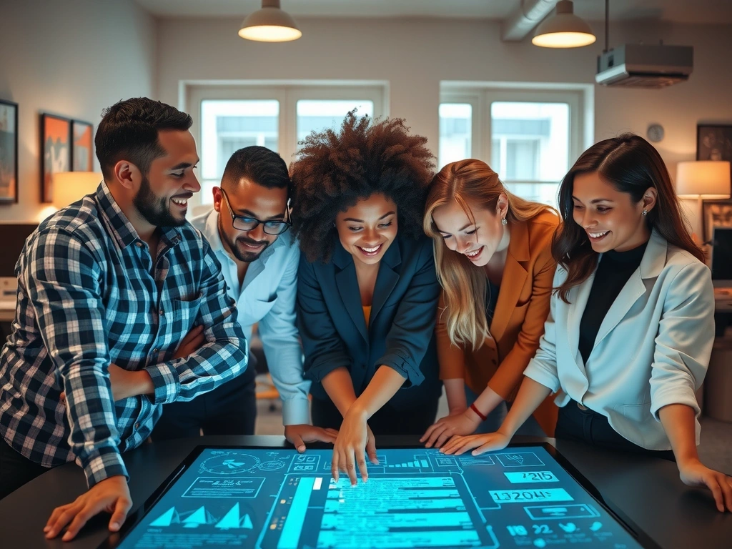 A team of diverse professionals collaborating around a futuristic holographic design interface, showcasing innovation and teamwork.