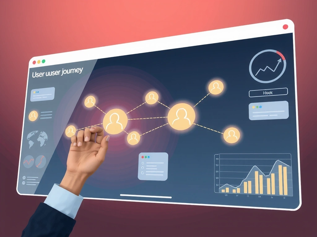 A designer sketching a user journey map on a whiteboard, surrounded by sticky notes and digital mockups, emphasizing a user-centric design process.
