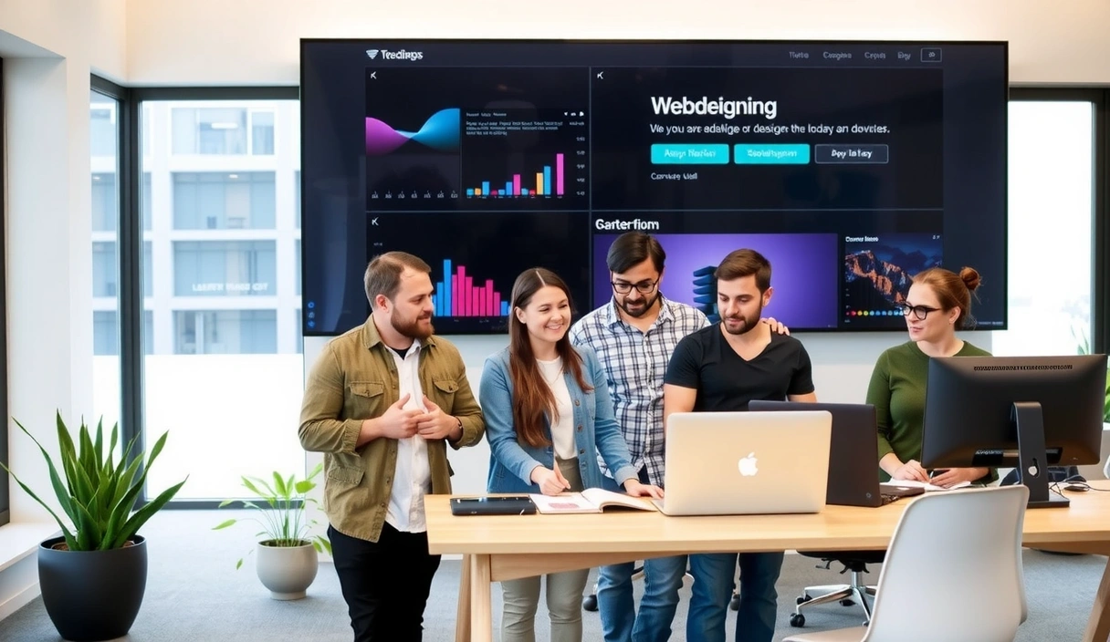 Professional, collaborative team working in a modern, minimalist office. Clean lines, bright space. Diverse team members interacting around a large screen.
