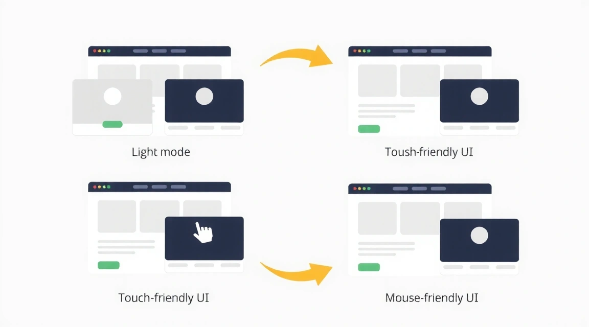 Illustration of a website adapting to different user contexts: light/dark mode, slow/fast network, touch/mouse input