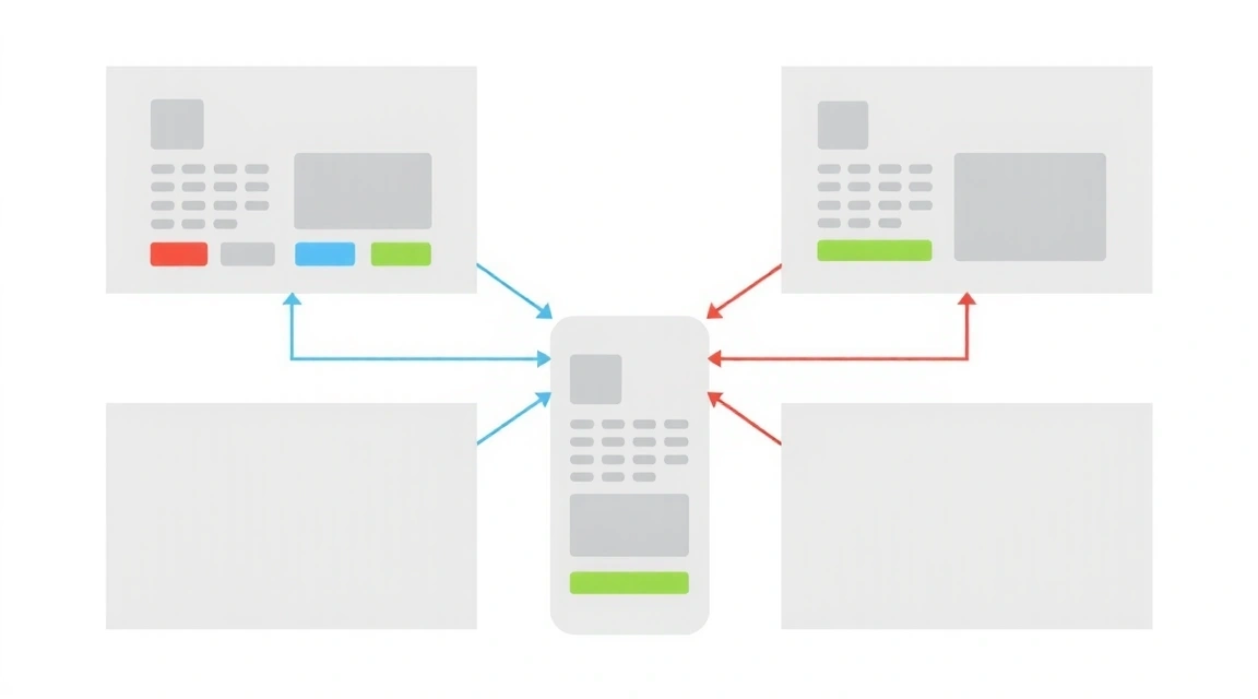 Visual representation of a design system with interconnected components adapting to different devices
