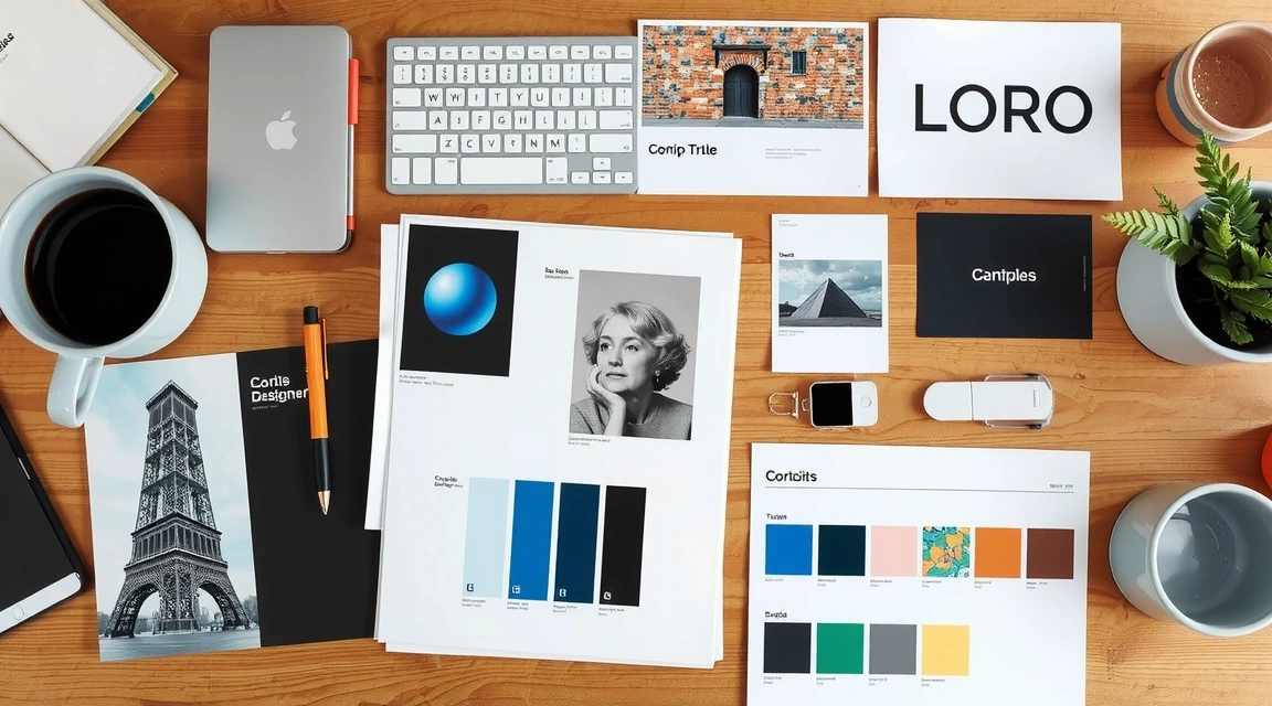 A designer's desk with mood boards, color swatches, typography examples, and initial brand concept sketches.