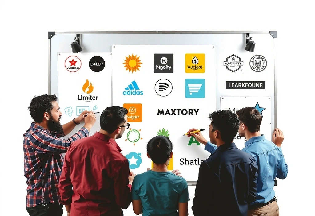 Creative team brainstorming around a whiteboard, sketching logo ideas and brand elements with colorful markers.