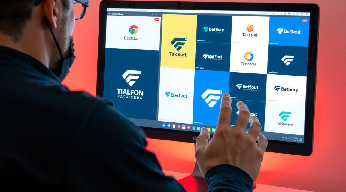 Graphic designer working on a computer, showcasing various logo design options and brand mockups on screen.