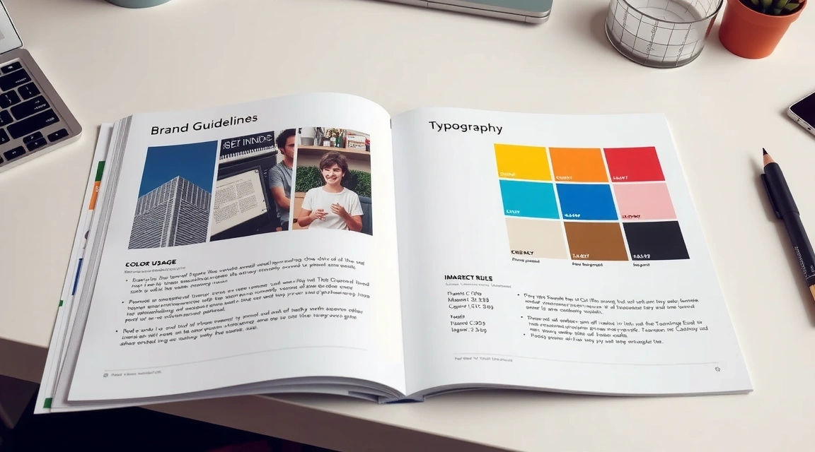 Open brand guidelines document showing logo usage, color codes, and typography rules on a clean desk.