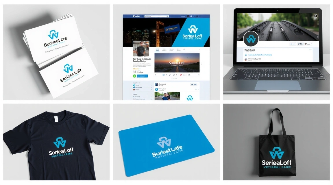 Various brand applications: business cards, website mockups, social media profiles, all showcasing a consistent brand identity.