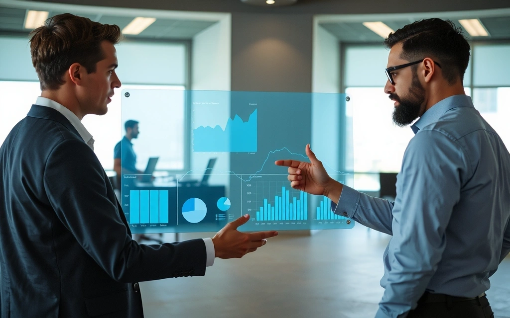 Two business people collaboratively analyzing data on a large screen with charts and graphs