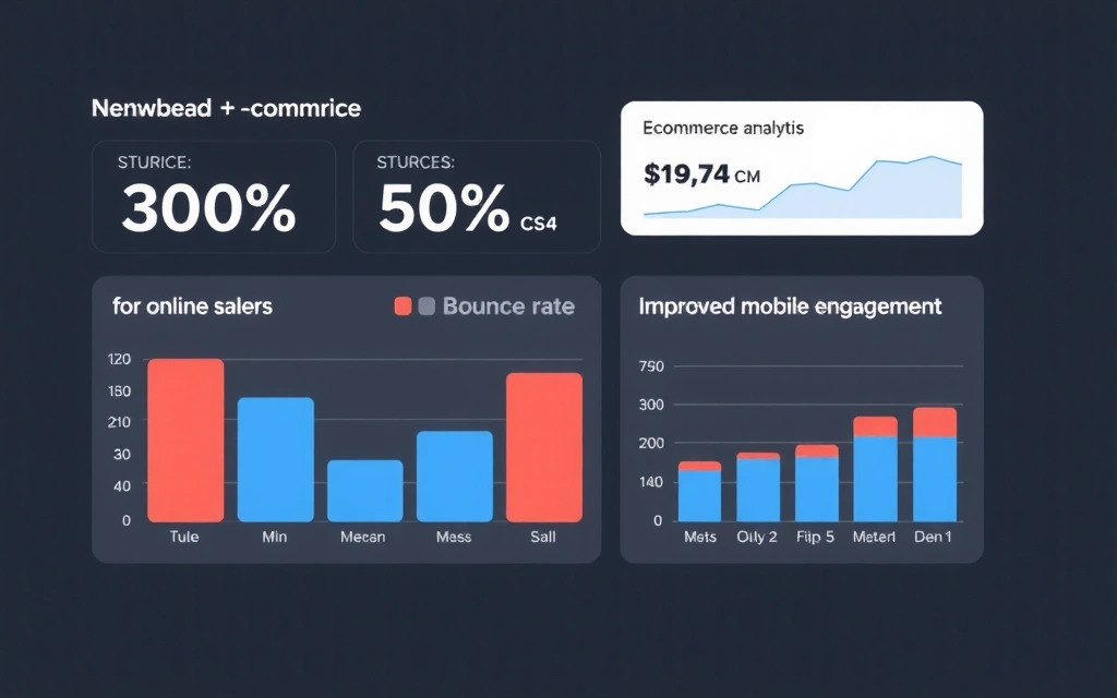 Dashboard showing a 300% increase in e-commerce sales and a 50% decrease in bounce rate, with clear analytical graphs.