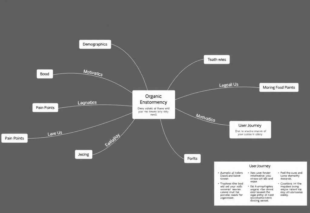 Mind map illustrating user persona development, with branches for demographics, motivations, and pain points related to organic shopping.