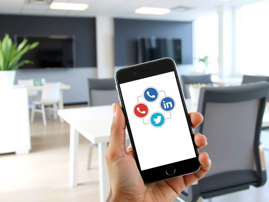 A hand holding a smartphone displaying various contact icons like email, phone, and social media, set against a blurred modern office background. Clean and professional.