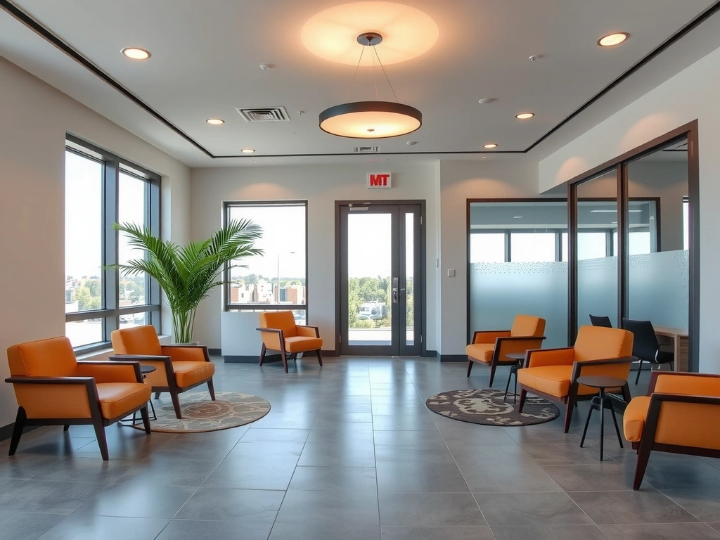 Modern, minimalist office reception area with natural light and comfortable seating, showcasing a professional and inviting atmosphere.