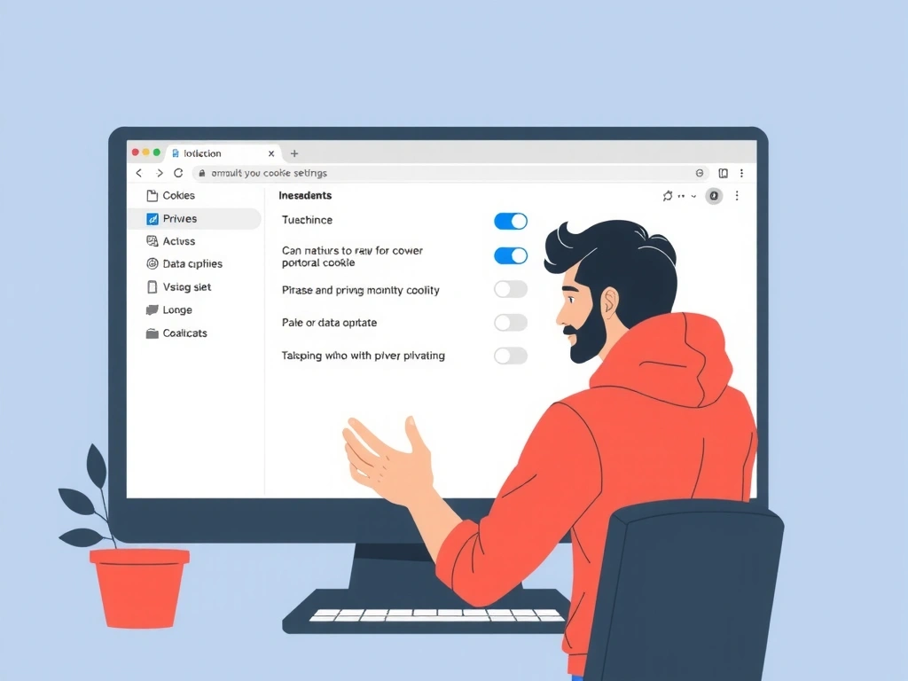 Illustration of a person interacting with website cookie settings on a large screen, showing privacy and data control.