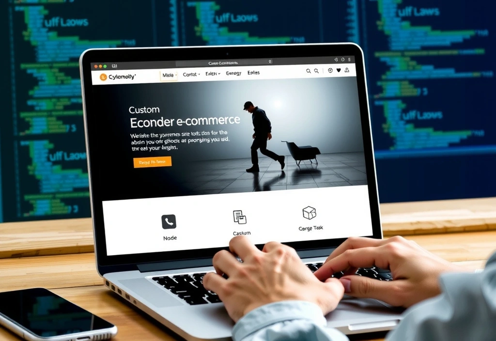 A person working on a custom e-commerce website design on a laptop, with various digital tools and analytics screens in the background