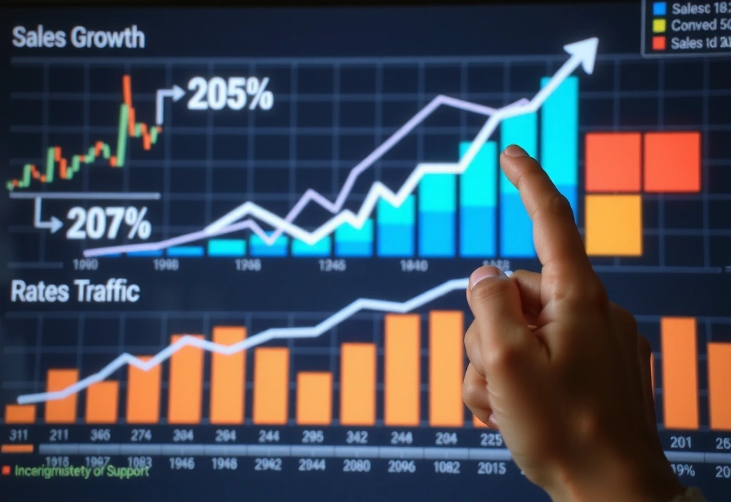 Charts and graphs showing e-commerce performance metrics, with a hand pointing to growth, representing ongoing support and optimization