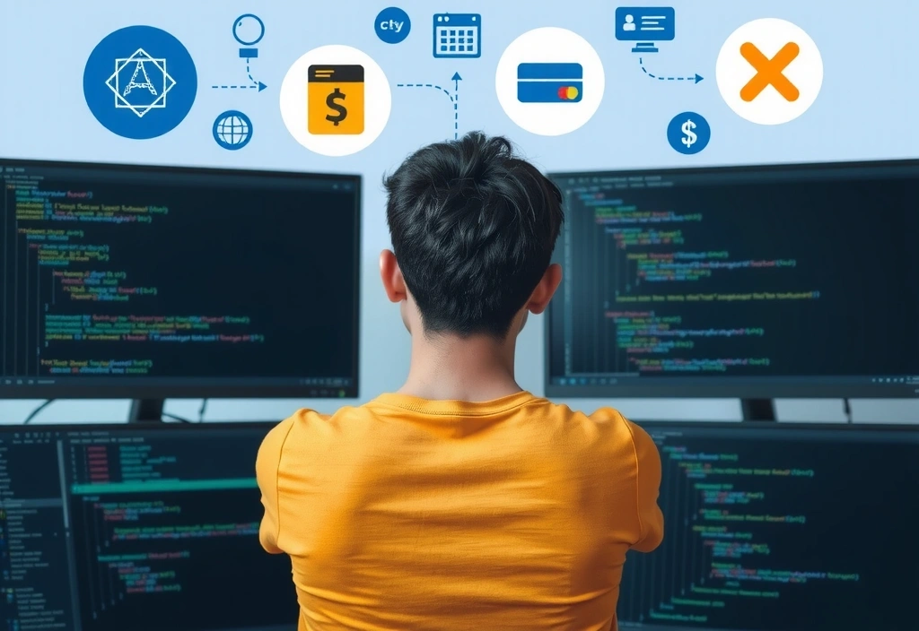 Developer coding on multiple screens, surrounded by symbols of integrated systems and APIs, representing the development phase