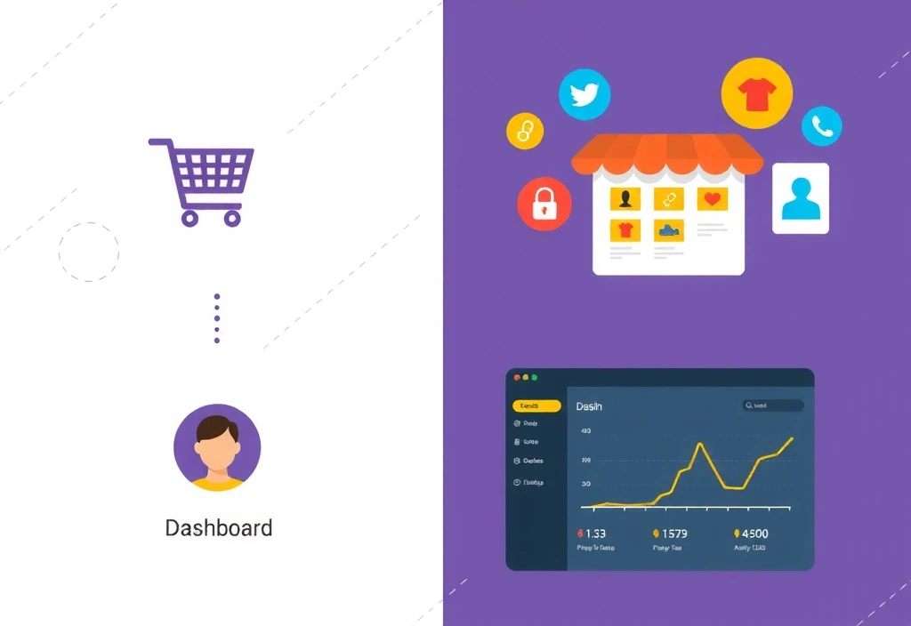 Illustration of e-commerce features like a shopping cart, product display, and analytics dashboard, all integrated seamlessly