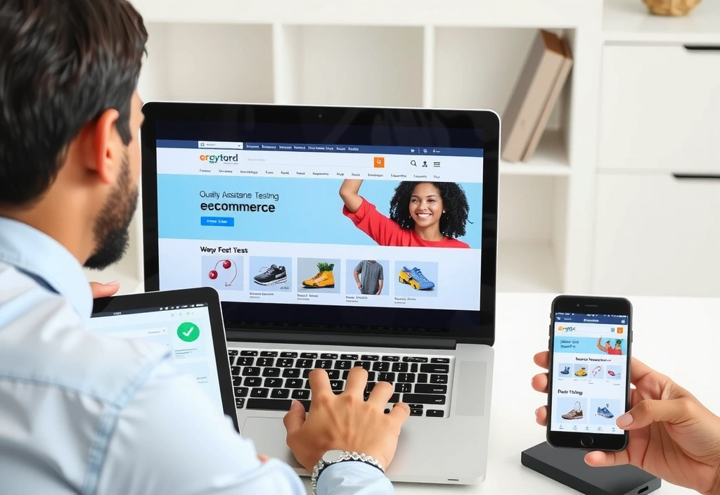 Quality assurance team performing tests on an e-commerce website across various devices like laptops, tablets, and smartphones