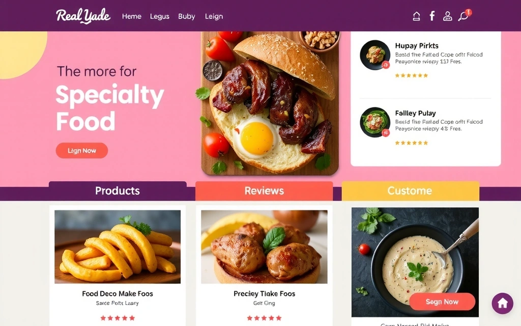 Screenshot of a specialty food e-commerce website, featuring appealing food photography and easy navigation