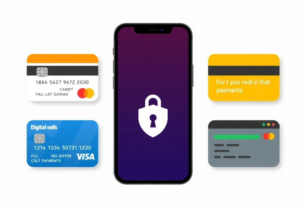 Secure payment icons like credit cards and mobile phone with shopping app, emphasizing security and mobile compatibility