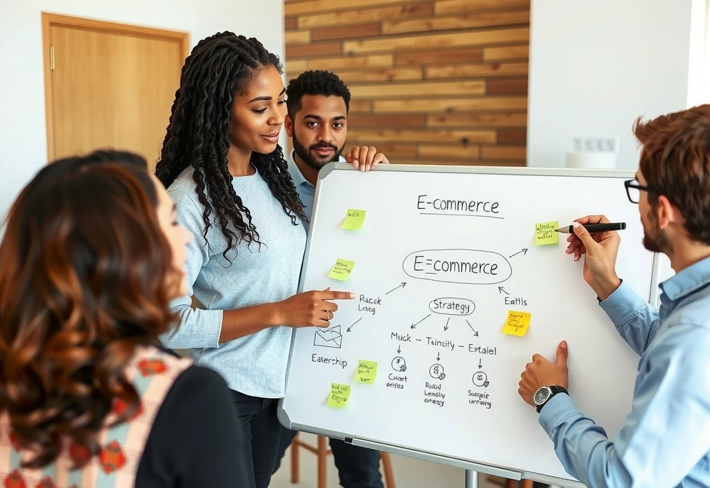 Team collaborating on a whiteboard, sketching out e-commerce strategy and ideas during a discovery phase