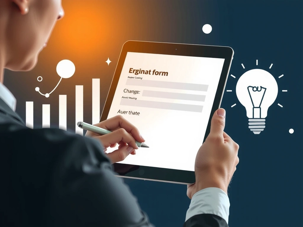 A person meticulously filling out a digital form on a tablet, surrounded by abstract design elements and a lightbulb symbolizing ideas. Modern, focused, clean aesthetic. No text.