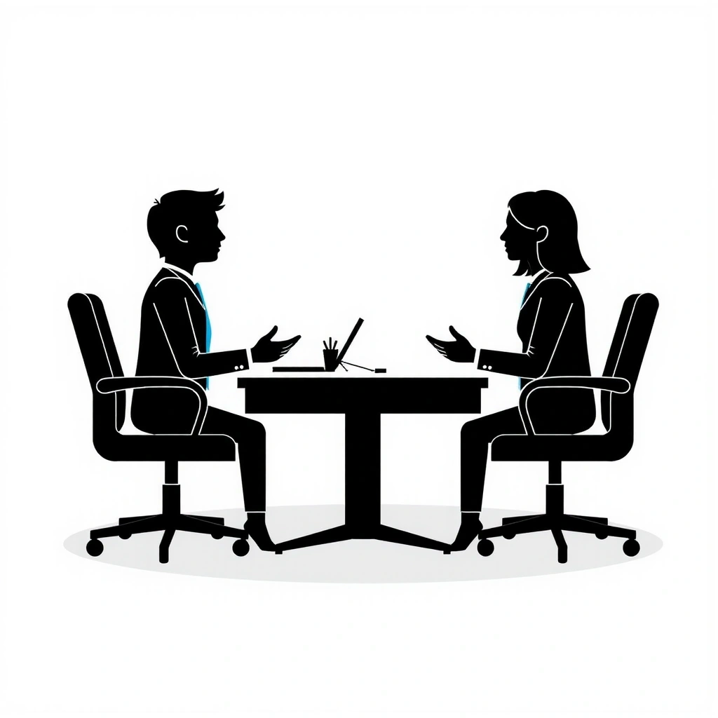 Icon depicting a meeting or consultation, with two stylized figures discussing. Professional, collaborative.
