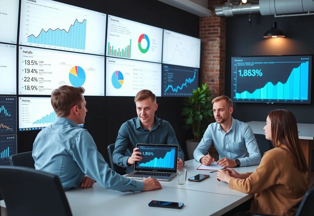 Team analyzing digital marketing data on a dashboard