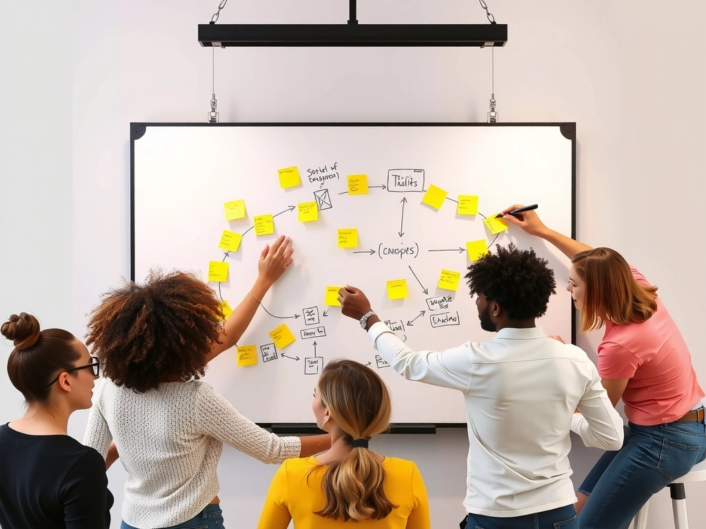 A group of diverse designers collaborating around a whiteboard, sketching ideas and discussing user flows, highlighting teamwork in UI/UX design.