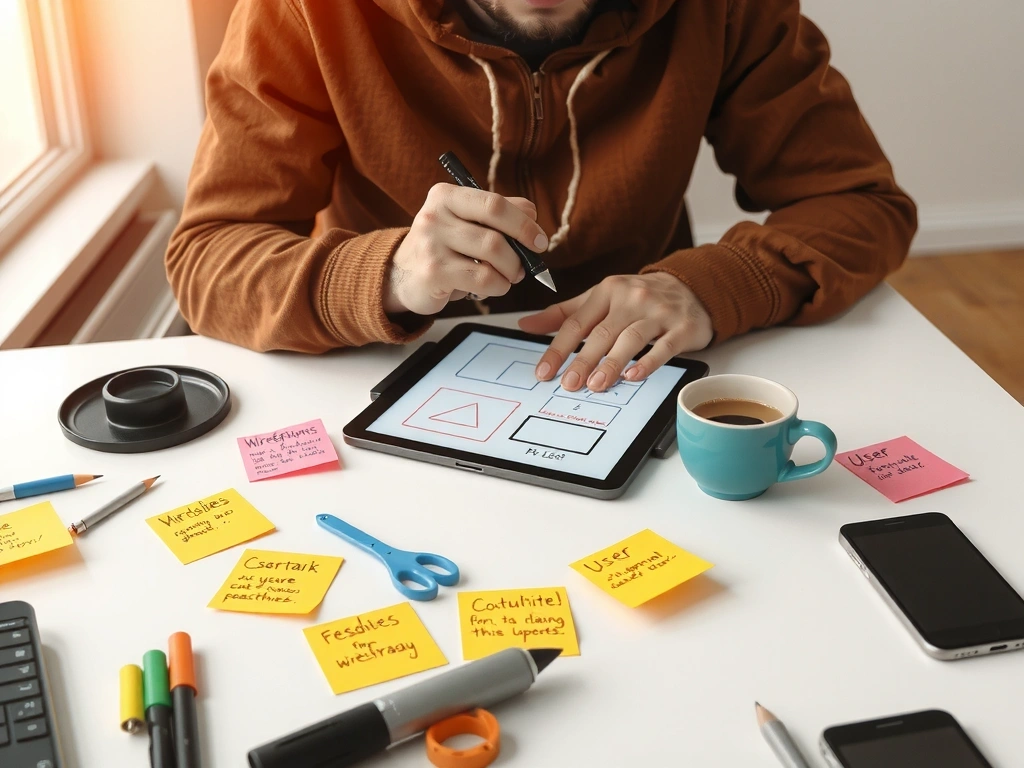 A designer working on a wireframe on a tablet, surrounded by sticky notes and coffee, illustrating the UI/UX design process.