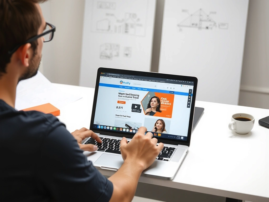 A designer working on a modern web interface on a laptop, surrounded by design tools and coffee, illustrating the web design process.