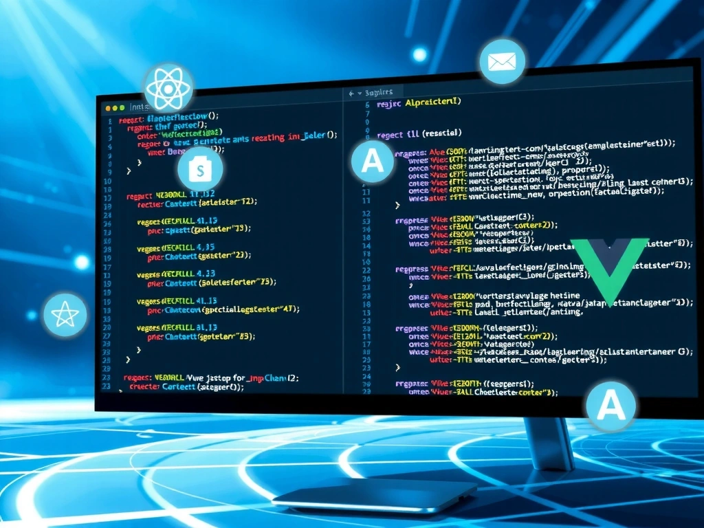 Illustrative representation of JavaScript code snippets on a screen, with icons of popular frameworks like React and Vue.js.