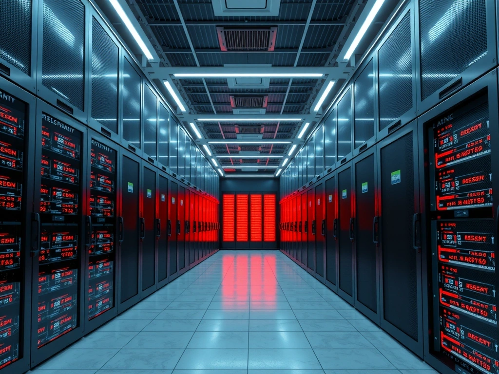 A secure data center with glowing servers, representing robust API integrations and data security.