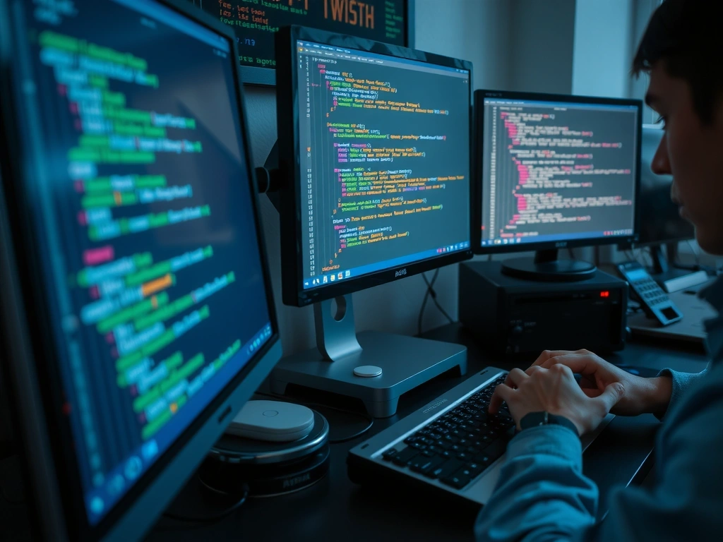 A developer working on code with multiple screens, showcasing clean and optimized web development.